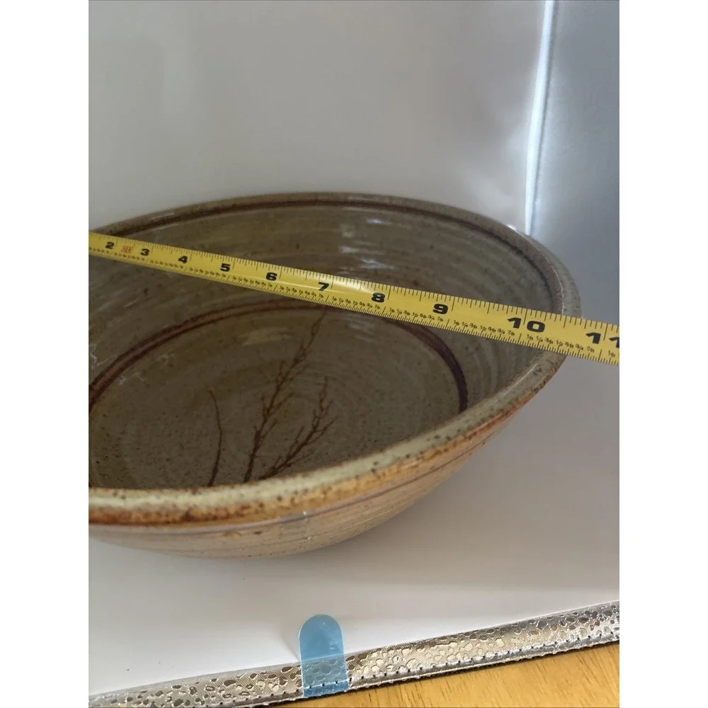 Vtg Large Hand Thrown Ceramic Pottery Serving Bowl, Artist Signed 10 X 3 3/4